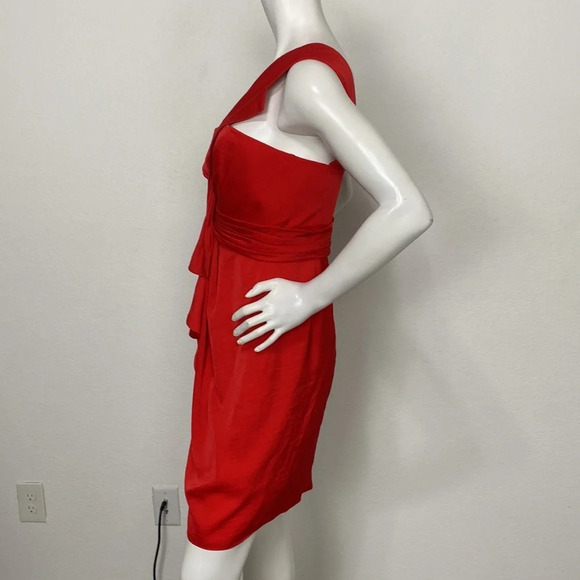 Bcbgmaxazria Jewel Red Satin Palais One Shoulder W/Pleated Bow Mini Dress Size 8 - Picture 5 of 9